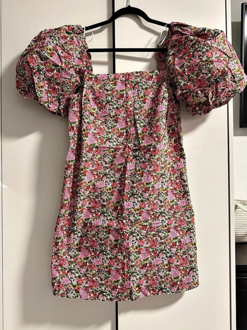 MANGO Pink Floral Puff-Sleeve Mini Dress, Medium